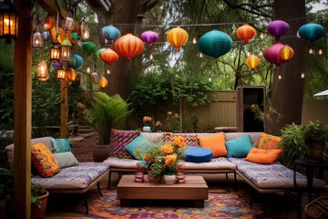 Obraz na płótnie Canvas Bohemian Chic Patio Designs: Colorful Lanterns, Boho Chic Style, Outdoor Relaxation