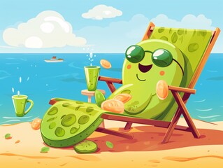 cartoon of a green creature on a beach chair - obrazy, fototapety, plakaty