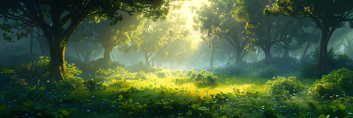 Illustrative Style of a Green Forest - St. Patrick's ,
Beautiful magical forest fabulous trees forest landscape sun rays illuminate the leaves and branches of trees magical summer forest illustration
