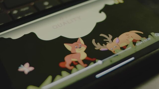 Air quality inscription on smartphone screen. Graphic presentation with happy fox and reindeer eating green grass, drawn images. Environment concept