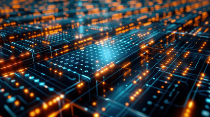 A computer circuit board illuminated by vibrant orange and blue lights, showcasing the intricate technology and connectivity within