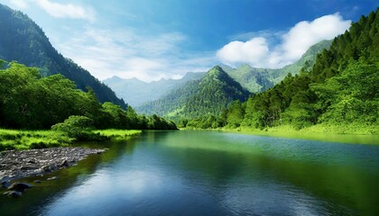 View of mountains and green trees beside the river under blue sky during at daytime - Powered by Adobe