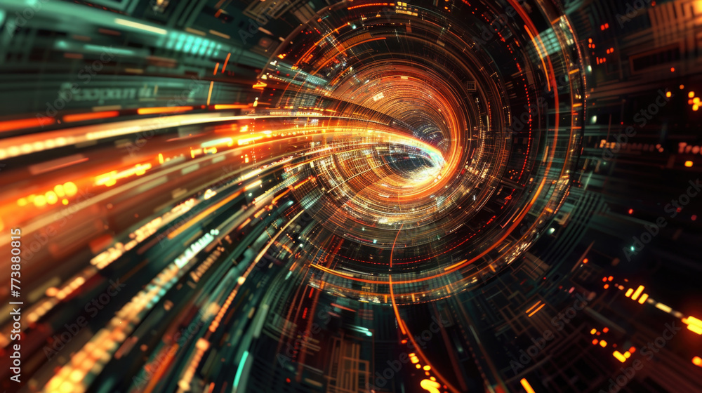 Poster a dynamic swirl of vibrant lights, forming a mesmerizing abstract spiral pattern