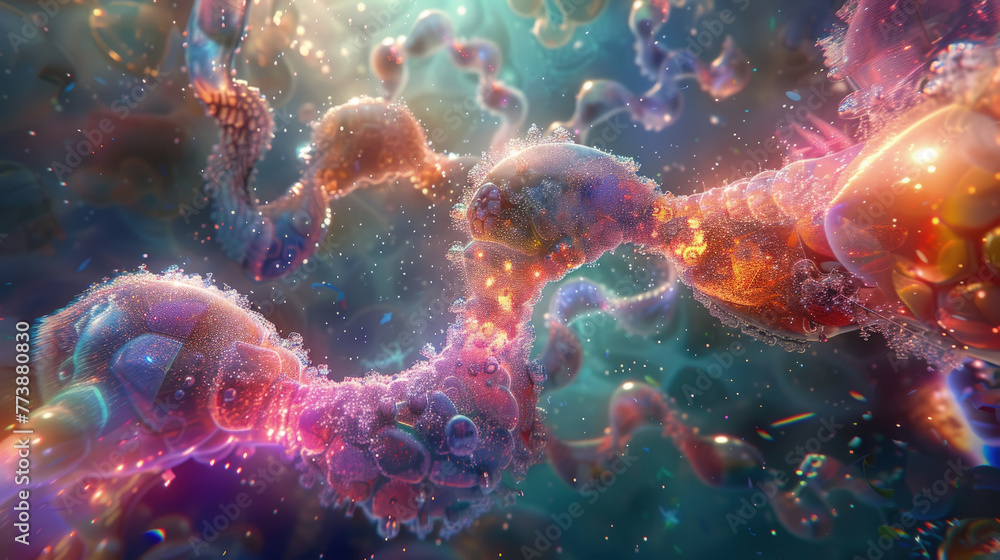 Poster an artists representation of dna replication with vibrant neon colors and floating cellular elements