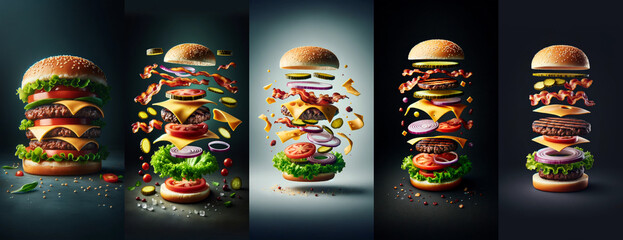 Collage of deconstructed hamburgers with ingredients levitating layer by layer, showcasing the delicious components of the classic burger.

