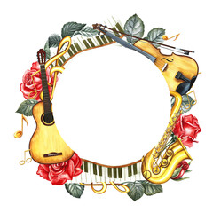 A round musical frame with an image of a guitar, saxophone and violin, as well as piano keys and roses. The illustration is made by hand in watercolor. For posters, flyers, invitation cards, packaging
