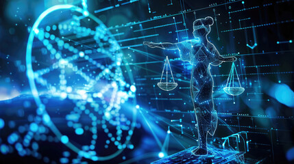 Fototapeta premium A digital representation of Lady Justice, scales in balance, integrated with a high-tech, cybernetic interface