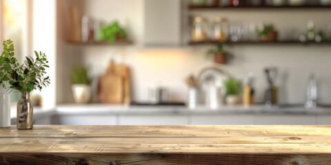  Empty wood table top counter on modern kitchen interior background , empty wooden table in kitchen room background ,Banner, Ready for product display