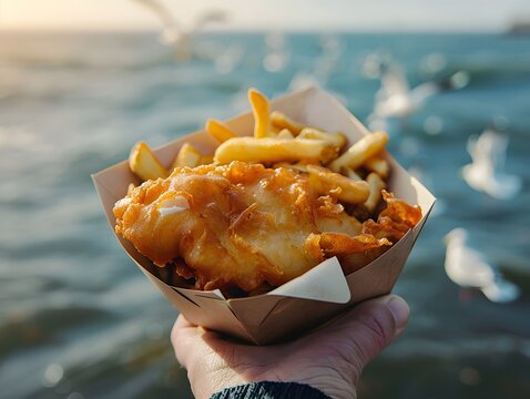 Hand holding a container of fish and chips against a seaside backdrop, seagulls flying over the shimmering ocean water.