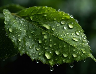 Close up photo of green leaves with rain drops