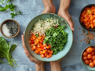 Hands cradling a bowl with a colorful and nutritious grain salad made of couscous, diced carrots, kale, and fresh greens on a textured surface.