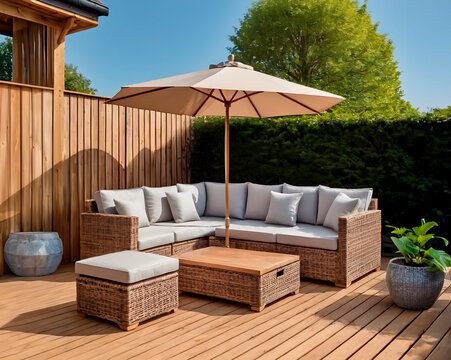 Rattan furniture on a terrace with wooden parquet