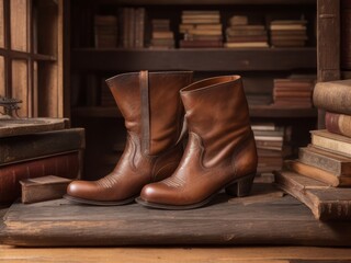 A pair of vintage leather boots placed on an old wooden floor, surrounded by aged books and antique objects in a cozy library setting.