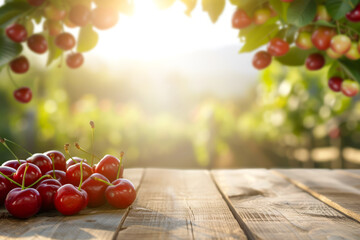 Rustic background with cherries on a wooden empty table with green plants in the background with the setting sun with rays and space for product, text or inscriptions
 - Powered by Adobe