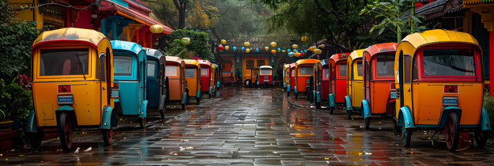 A row of colorful rickshaws waiting for passenge,
A city is a busy street with many buses. - obrazy, fototapety, plakaty