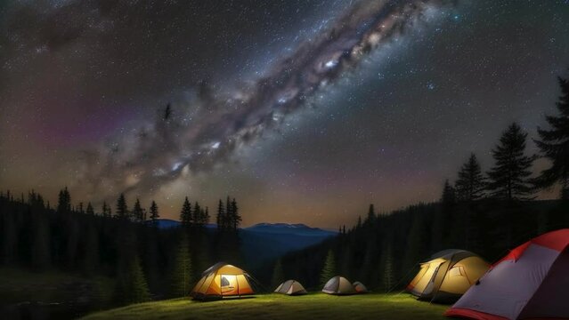 Night camping under starry sky with glowing tent