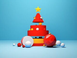 a red and yellow christmas tree with balls and a star