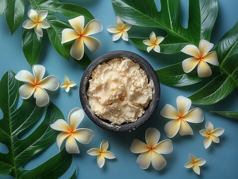 butter karite young leaves of the plant, natural cosmetics concept