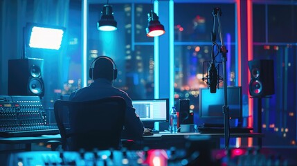 Host channel broadcaster with special guest making advice for problem in live streaming with listeners surrounded sets of live streaming on radio talking show at comfy modern workplace. Postulate