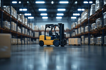 Dive into the heart of warehouse operations with a closeup view of a forklift lifting cargo. AI generative technology enhances the image's detail.