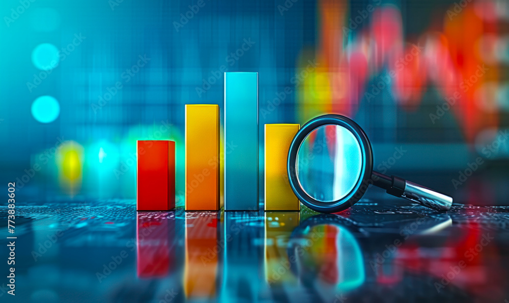 Poster magnifying glass focusing on financial charts and graphs, with blurred colorful bar graph and line g