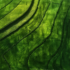 Experience the beauty of a green rice field from a bird's eye view, captured in a medium closeup, using montage photography in a Chinese Ink style. 64K, high detail. AI generative."