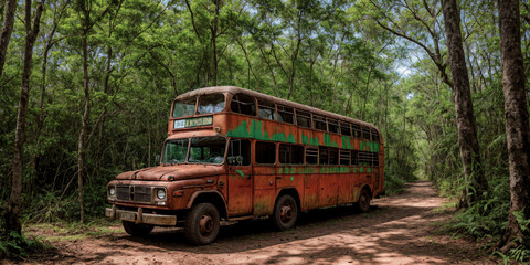 Old rusty abandoned wrecked bus in a deep forest or jungle. The concept of the apocalypse or how nature takes over humanity