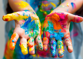 Childs Hands covered in paint with vibrant colors, creative expression. 