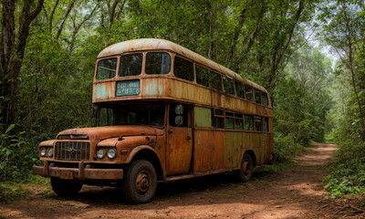 Old rusty abandoned wrecked bus in a deep forest or jungle. The concept of the apocalypse or how nature takes over humanity