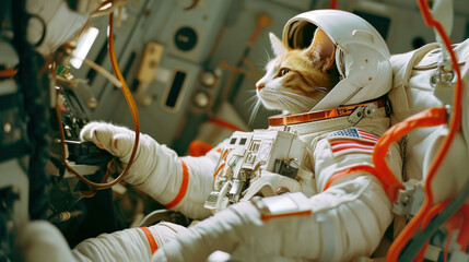 Enter the realm of cosmic adventure with this stunning image of a cat donning an astronaut suit on a space station. Illuminated by backlighting and shot with a film camera. AI generative.