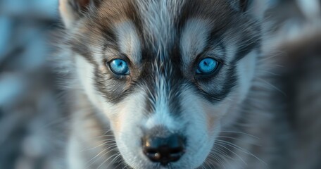 Husky puppy, blue-eyed kitten, close-up, contrasting fur, sharp focus, cool, crisp air