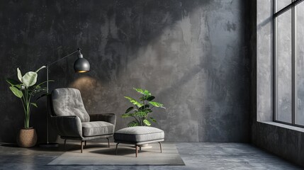 Interior of living room with armchair, footrest and lamp near grey wall - obrazy, fototapety, plakaty
