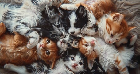 Playful kittens and puppies, tangle of fur, close-up, vibrant, action shot, joyful chaos. - obrazy, fototapety, plakaty