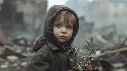 Child Holding an Olive Branch Amidst Ruins of a Destroyed City. A Symbol Of Peace And Hope In The Aftermath Of Conflict. Stop War and Shooting. AI Generated - obrazy, fototapety, plakaty
