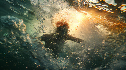 Underwater photography, natural sunlight filtering through water, Diver snorkeling - obrazy, fototapety, plakaty