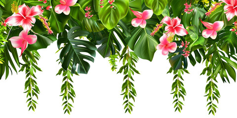 Tropical creeper border hanging with tropical flowers, isolated on transparent background