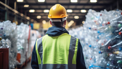 Worker in safety gear overseeing recycling facility. - obrazy, fototapety, plakaty