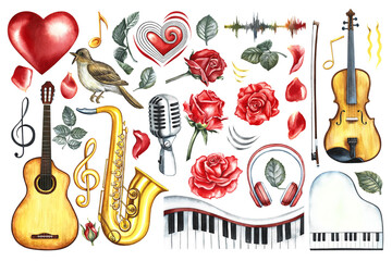 A set of musical instruments: guitar, saxophone, violin and piano. Clip art, microphone, treble clef, nightingale and red roses. A hand-drawn watercolor illustration. For posters, flyers, invitations.