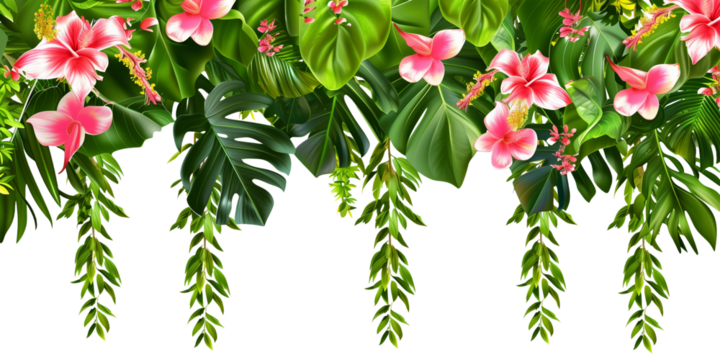 Tropical creeper border hanging with tropical flowers, isolated on transparent background