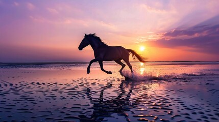 a horse running on a beach - obrazy, fototapety, plakaty