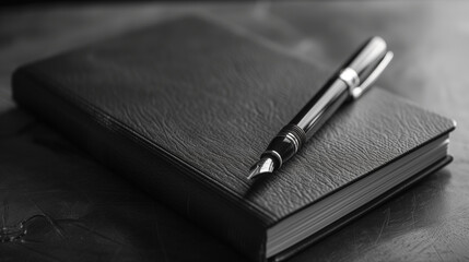 diary and a pen on table, black notebook with pen, concept of knowledge or influence through...