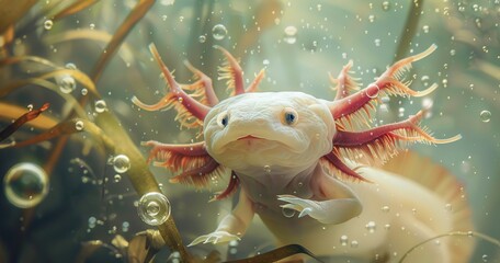 Axolotl, underwater, close-up, ethereal, bubble backdrop, dreamy, surreal clarity. 