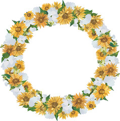 Sunflower wreath illustration on transparent background.
