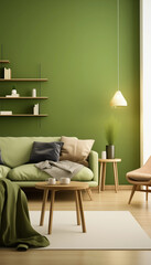 A stylish living room with a green wall wooden furniture and a large sofa