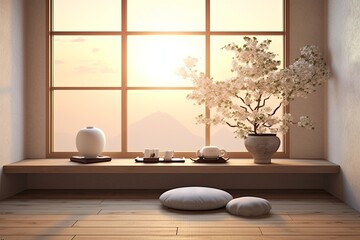Fototapeta na wymiar Tranquil Zen Meditation Room: Serene Minimalist Decor in Tranquil Colors