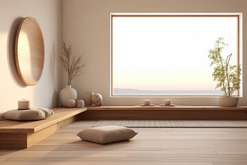 Fototapeta na wymiar Calm Zen Meditation Room: Tranquil Minimalist Decor & Serene Environment