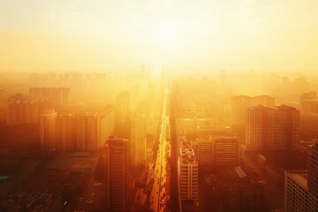 Sun blazing over urban landscape. Scorching heatwave affects city life - obrazy, fototapety, plakaty