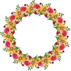 Sunflower wreath illustration on transparent background.
