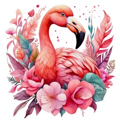 Watercolor illustration portrait of a cute adorable tropical pink flamingo bird animal with flowers on isolated white background.	
