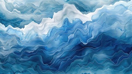Waves in an abstract watercolor pattern of blue water